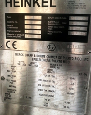Heinkel HF 800.1 Inverting Filter centrifuge, Hastelloy C-22.