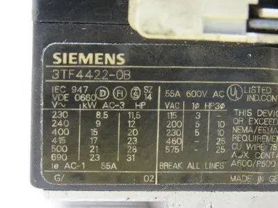Siemens 3TF4422-OB 600V 31Hp MAX Magnetic Contactor 24VDC Coil Lot Of 3