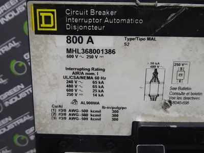 Square D MHL368001386 Circuit Breaker 600VAC 250 VDC 800A S2 Used