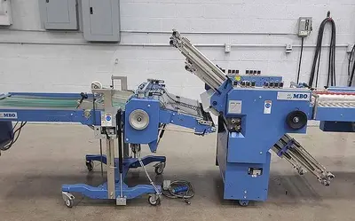 USED 2007 MBO PAPER FOLDER W/ UW UNWINDER, PANEL SHEETER SVC 520C, AND VERTICAL STACKING SVC 520S
