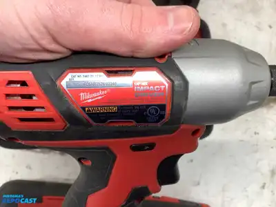 Lot of (1) Milwaukee M12 3/8” Right Angle Drill, (1) Milwaukee M12 1/4” Hex Impact Driver, and (1...