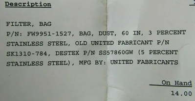 NEW BOX OF 14 DESTEX SS57860GW DUST BAG 60" SK1310-784 SS57860GW FW9951-1527