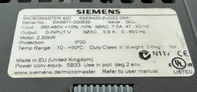 USED SIEMENS 6SE6420-2UD22-2BA1 MICROMASTER 420 3HP 6SE64202UD222BA1