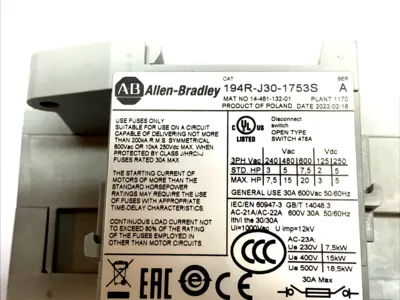 USED ALLEN-BRADLEY FUSED DISCONNECT SWITCH 30A 3-POLE CLASS J SER A