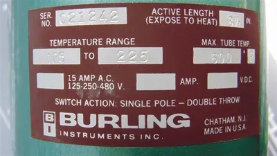 Burling Instruments Inc. V-1S Temperature Switch 8-1/2" 125-225°F New NIB