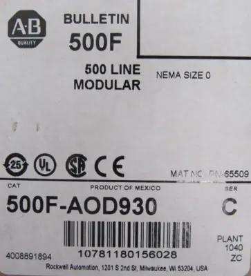 ALLEN BRADLEY 500F-AOD930 STARTER SIZE 0 SER.C 500FAOD930 NEW SURPLUS