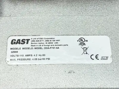 USED GAST COMPRESSOR/VACUUM PUMP 60 PSI 4.2A 115V 2Z866