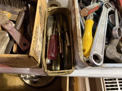Large lot of assorted hand tools, includes sockets, wrenches, screwdrivers, nut drivers, brushes, an...