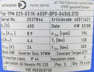 NEW WITTENSTEIN TPM025-031K-600P-BP0-045ULSTD MOTOR TPM025031K600PBP0045ULSTD