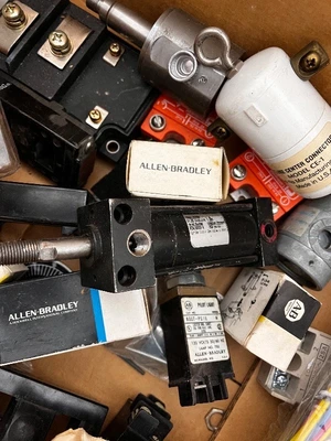 Box of Industrial Electrical Parts and Controls Including Allen-Bradley, Relays, Adapters, and Connectors