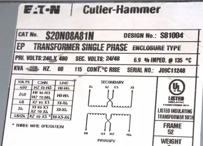 NEW CUTLER HAMMER S20N08A81N BUCK BOOST TRANSFORMER