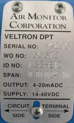 USED AIR MONITOR CORP VELTRON DPT PRESSURE & FLOW TRANSMITTER 0-0.249 INwc