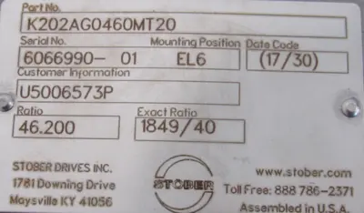 REFURBISHED STOBER K202AG0460MT20 GEAR REDUCER 46.200