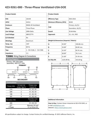 150 KVA Step Up Transformer Factory New 208 Delta Primary 480Y/277 Secondary Jefferson 423-9261-000