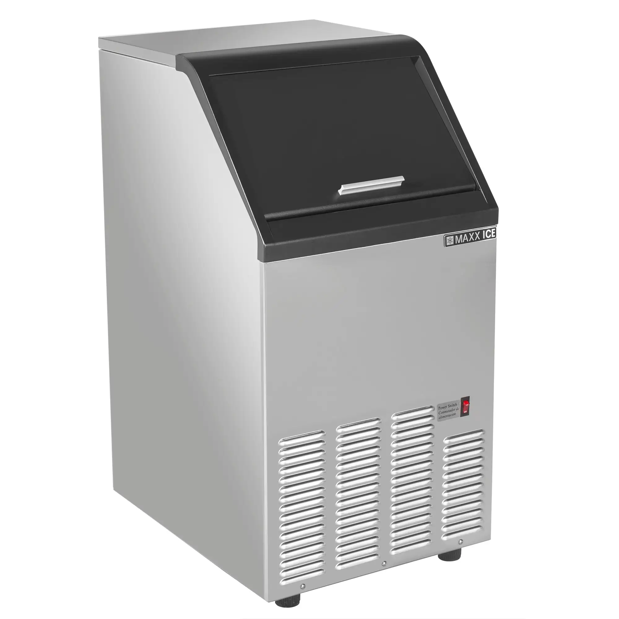 Maxx Ice SS Ice Machine, 85 lbs, Half Dice Cubes, Storage Bin, SS/Black Trim