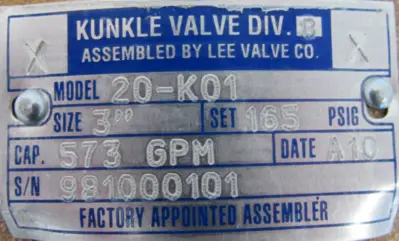 NEW KUNKLE 20-K01 RELIEF VALVE 3" 165 PSI 20K01