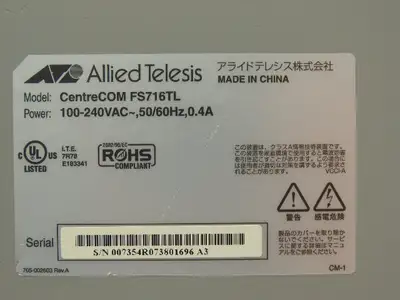 Allied Telesis FS716TL Fast Ethernet Switch CentreCOM 16 Port 100-240VAC 0.4A
