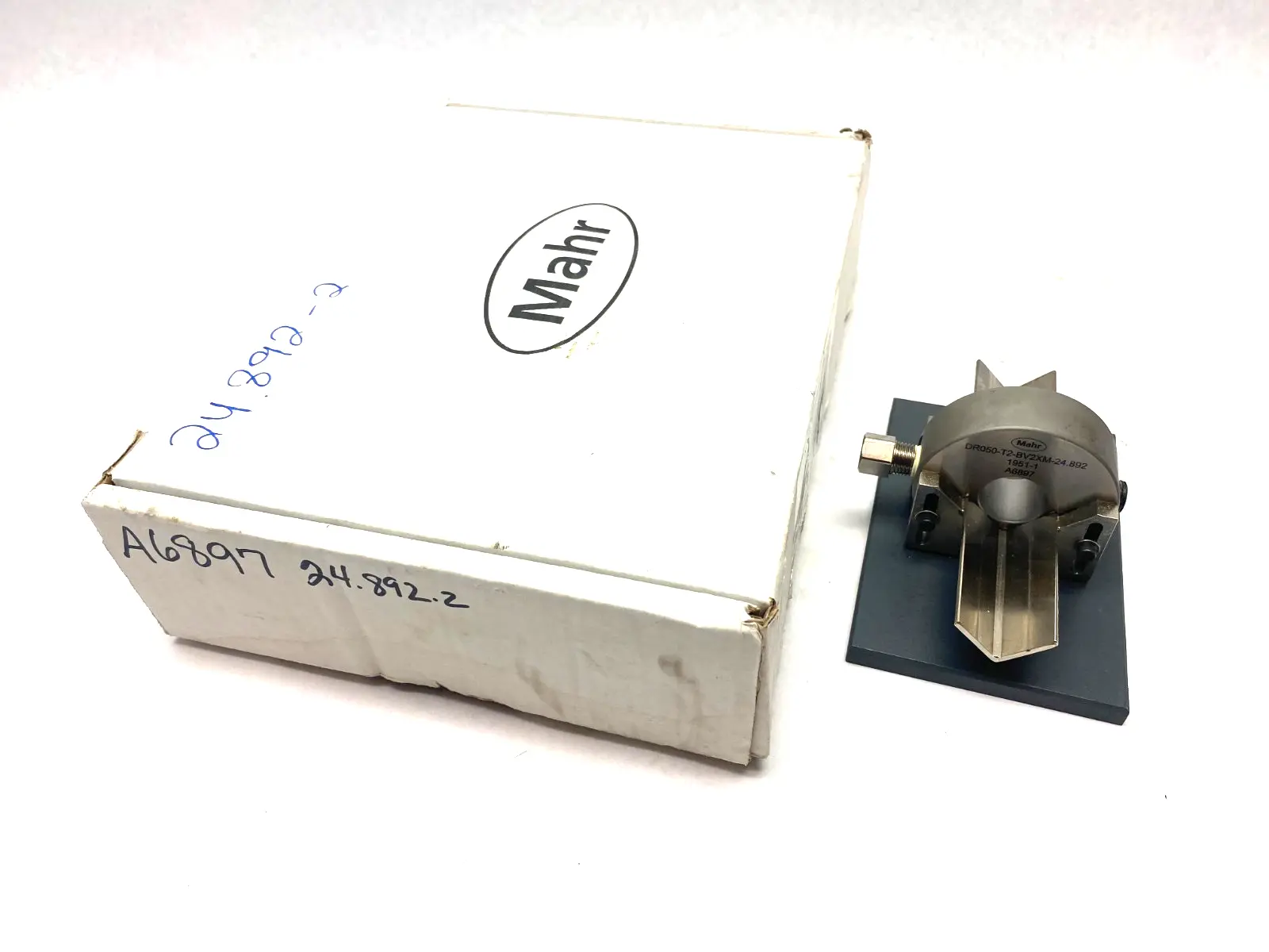 USED MAHR DIMENSIONAIR 2-JET AIR RING GAUGE W/ GUIDE CHUTES & BASE PLATE