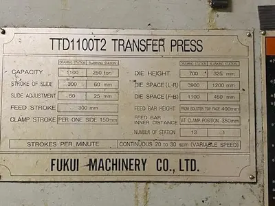 1996 FUKUI TTD1100T2 Presses, Straight Side | Westbrook Engineering (6)