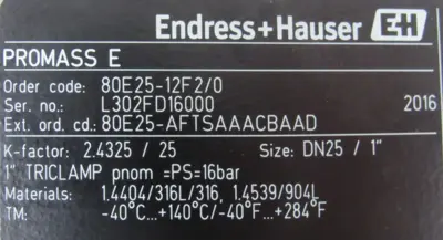 USED ENDRESS HAUSER 80E25-AFTSAAACBAAD FLOW METER PROMASS E 80E25-12F2/0