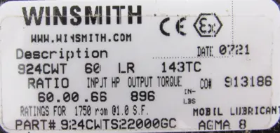 NEW WINSMITH 924CWTS22000GC GEAR REDUCER 60:1 924CWT-60-LR-143TC