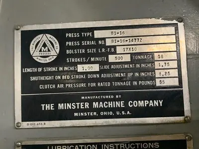 5912-220 Minster Press 16 Ton Type B1-16 1″ Stroke OBI Air Clutch/Air Brake Stamping Press