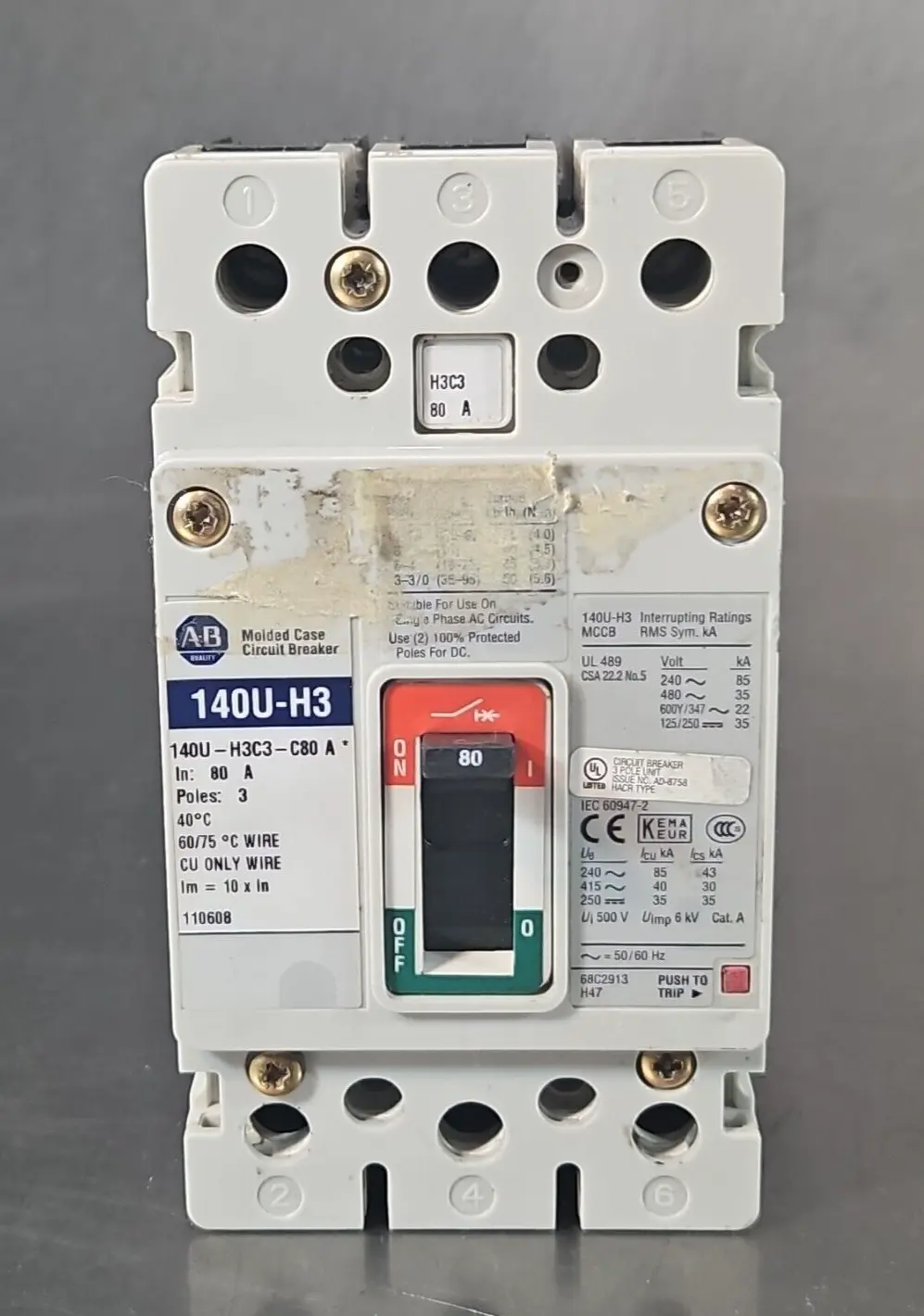 Allen Bradley 140U-H3C3-C80 Circuit Breaker 80A 3 Pole 3Ph 600V (BIN645)