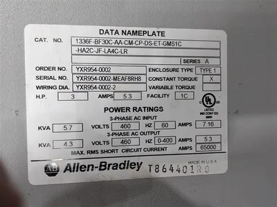3HP Allen Bradley 1336F-BF30C-AA-CM-CP-DS-ET-GMS1C-HA2C-JF-LA4C-LR Drive Used