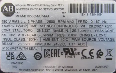 ALLEN BRADLEY MPM-B1653C-MJ74AA SERVO MOTOR SER A NEW SURPLUS MPMB1653CMJ74AA