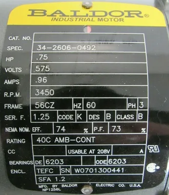NEW BALDOR 34-2606-0492 MOTOR 3/4HP 575V 3PH 3450 RPM 56CZ 3426060492