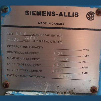 Siemens Allis 4160 Volt Load Break Switch