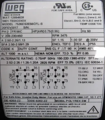NEW WEG 7536ES3E56CFL-S MOTOR 3/4HP 208-230/460V .7536ES3E56CFLS