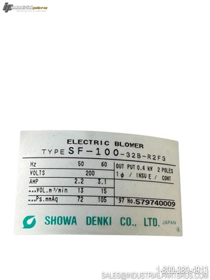Used SHOWA DENKI SF-100-32B-R2F3 Centrifugal Blowers Kentucky US | Industrial Parts R Us Inc. #1496289