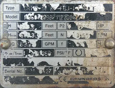 SPC9350  Pump Grundfos vertical centrifugal pump model A96642998P112200427, 15 hp, Stainless Steel Contact Parts