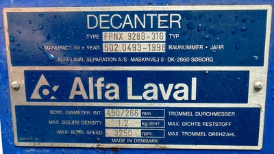 Alfa-Laval FPNX 928B-31G decanter centrifuge, 316SS.