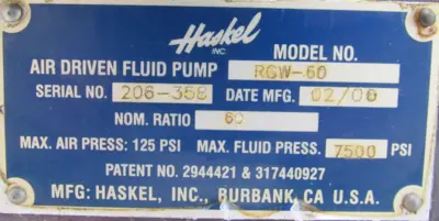 USED HASKEL RGW-60 AIR DRIVEN FLUID PUMP 60:1 RGW60