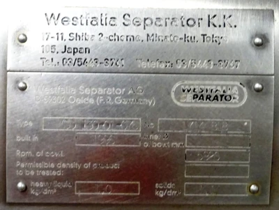 Westfalia MSD 130-01-076 warm milk separator, 316 SS.
