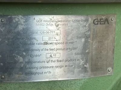 Used 2011 GEA WESTFALIA GSE 125-06-777 Disc Batch Centrifuges New Jersey US | Perry Equipment #915828