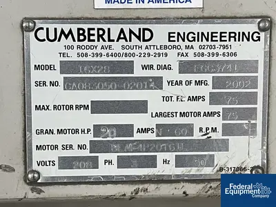 USED Cumberland 20 HP Cumberland Granulator, Model 16X28