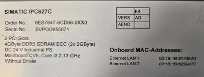 Siemens IPC627C / 6ES7647-6CD66-0XX0 Simatic Box Pc (BIN562)