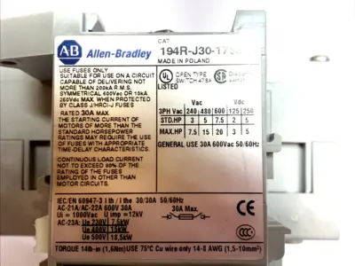 USED ALLEN-BRADLEY 194R-J30-1753 FUSED DISCONNECT 30A W/ 194R-N2 194R-PY