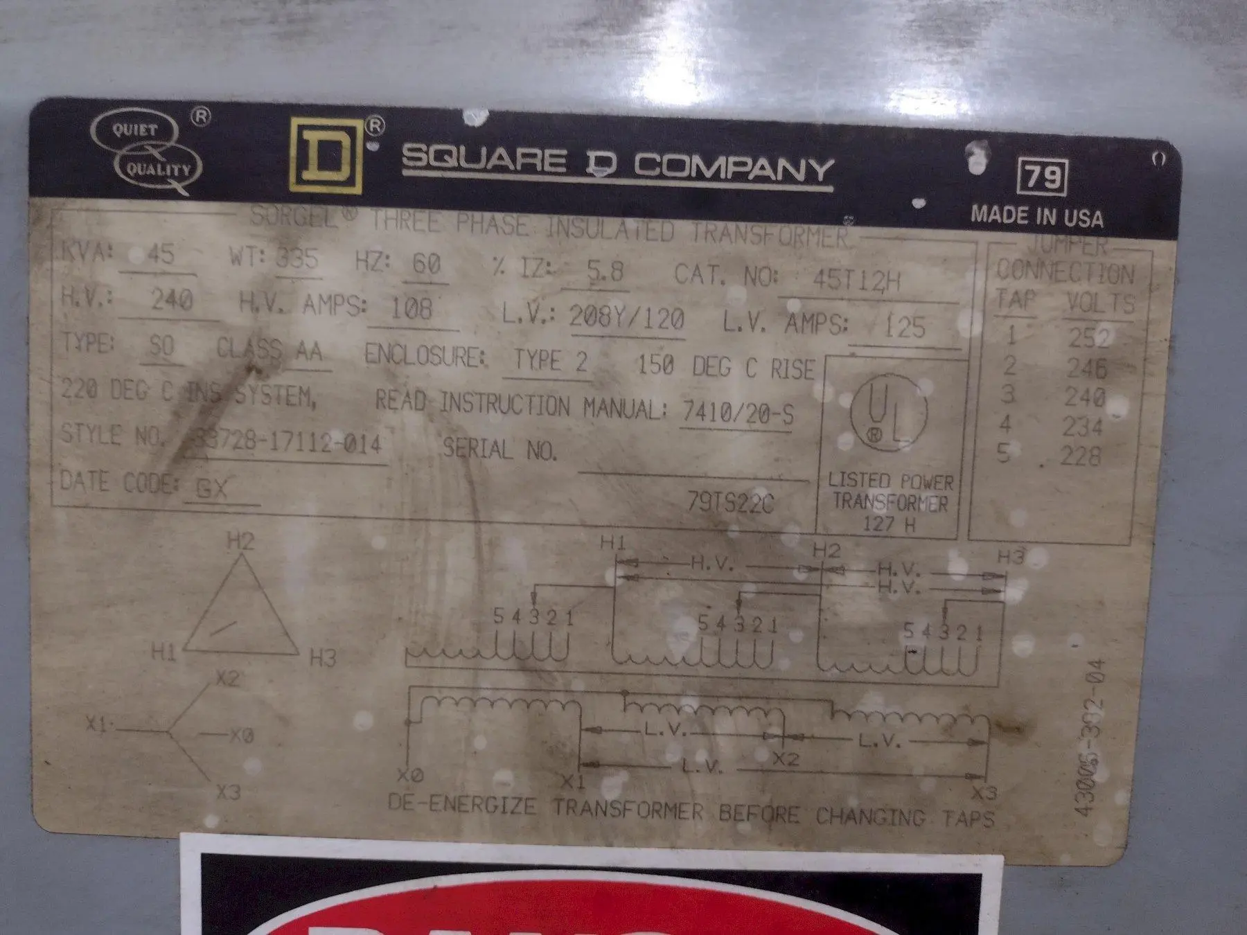 45 KVA SQUARE D COMPANY 3 PHASE  240 to 208Y TRANSFORMER: STOCK #20198