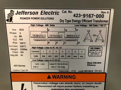Factory New 15 KVA Dry Type Transformer 480 Delta 240 Delta CT120 10 Year Warranty 423-9167-000