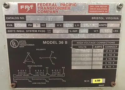 USED FEDERAL PACIFIC 63 KVA 3-PHASE TRANSFORMER