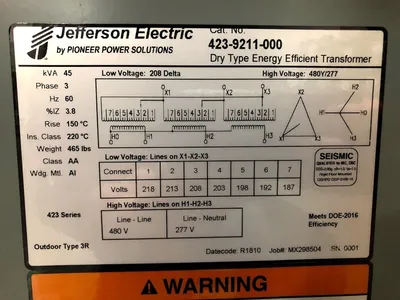 New 45 KVA STEP UP Dry Type Transformer 208 Delta 480Y/277 Jefferson 423-9211-000 FREE SHIPPING