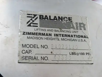 Ingersoll Zimmerman BA020120 Pneumatic Air Balancer 6' Travel 400Lb w/Load Block
