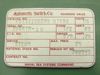 Asco Redhat 8222D2 MO Solenoid Steam Valve 2-Way 50 PSI 1/2" Solder Connection