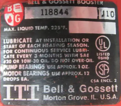 REFURBISHED ITT BELL & GOSSETT 118844 BOOSTER PUMP 115V 1/12 HP