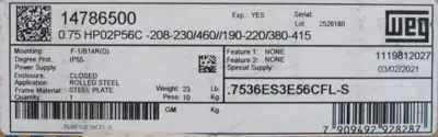 NEW WEG 7536ES3E56CFL-S MOTOR .75HP 14786500 208-230/460V