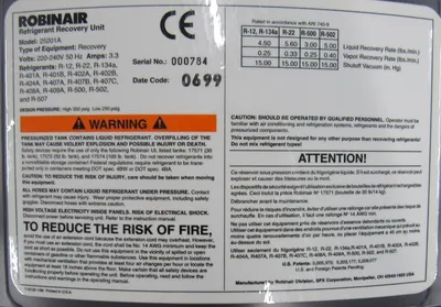 NEW ROBINAIR 25201A REFRIGERANT RECOVERY UNIT 220-240V 50HZ
